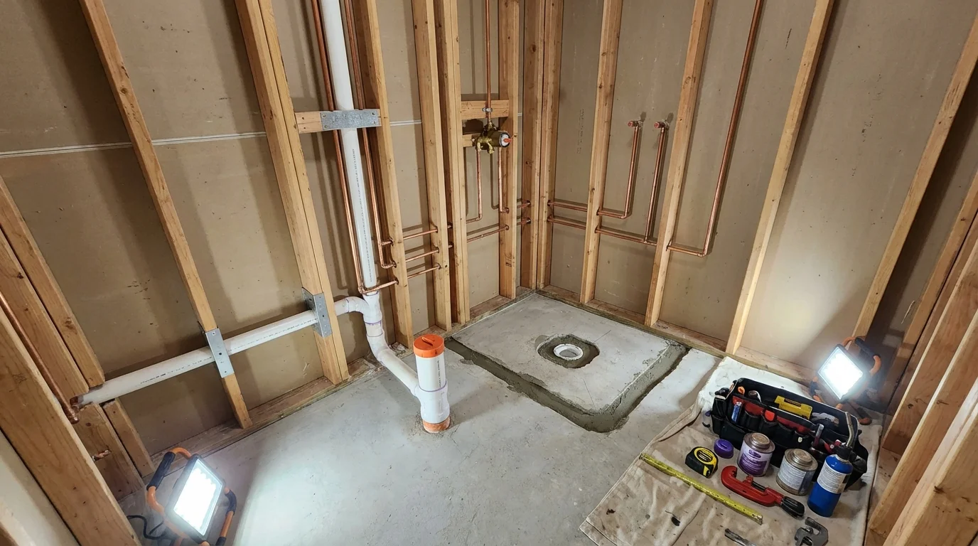 Bathroom rough-in plumbing during remodel by Johns Plumbing LLC in Wood River