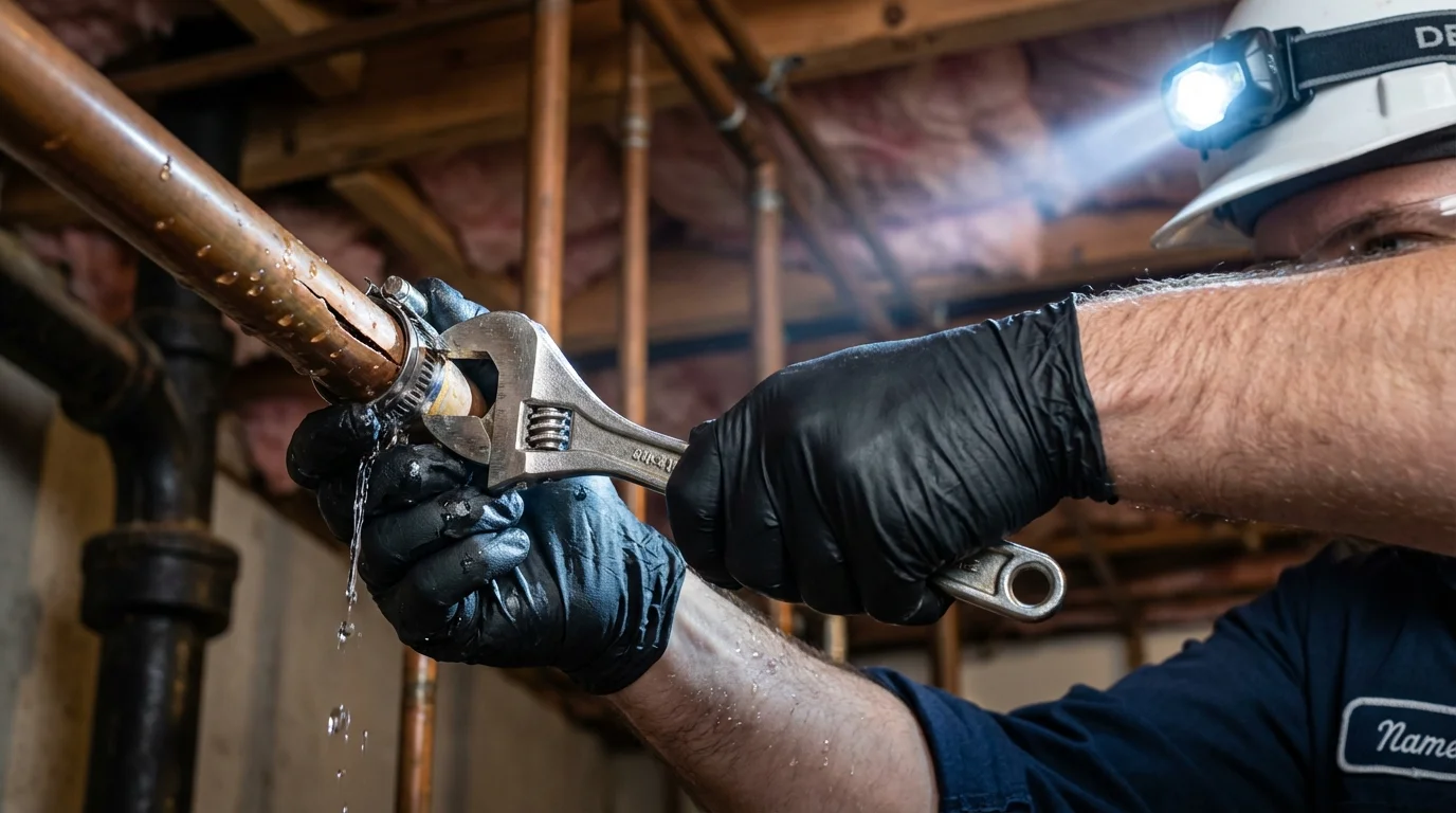 Emergency pipe clamp repair being performed by a Johns Plumbing LLC plumber in Wood River