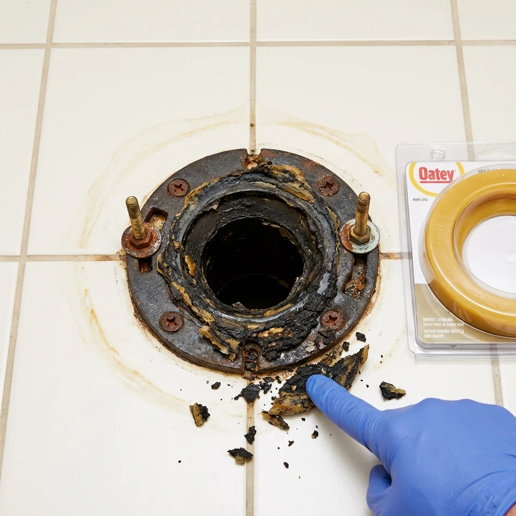 Failed wax ring showing water seepage at the base of a toilet in a Wood River, NE home