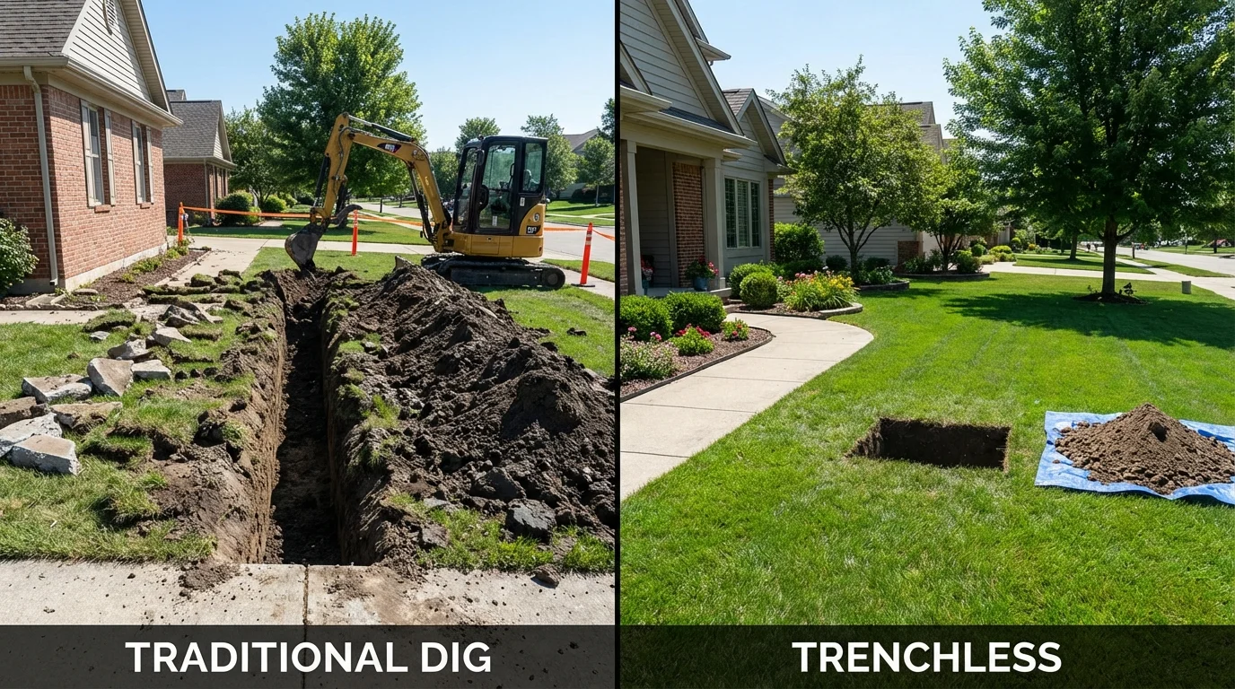 Trenchless sewer repair with minimal yard damage versus traditional excavation in Wood River, NE