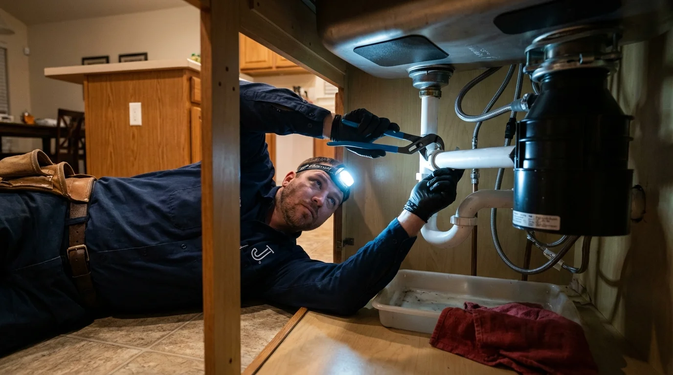 P-trap and supply line connections under a kitchen sink showing a common leak point in Wood River, NE